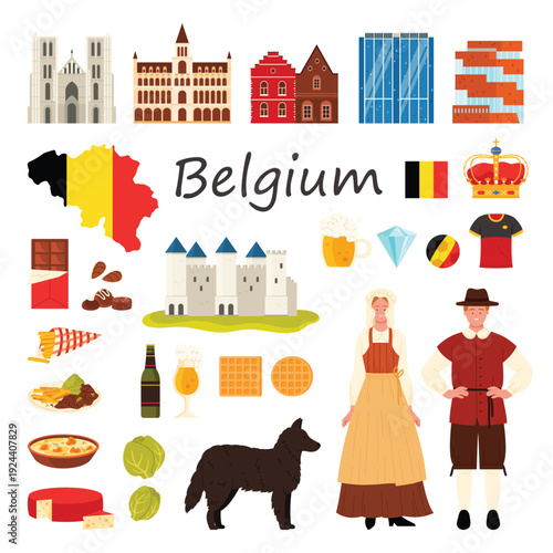 Travel to Belgium set. People in national costumes and buildings of Brussels, Belgian map and flag, waffles and chocolate, Gravensteen medieval castle and cathedral cartoon vector illustration