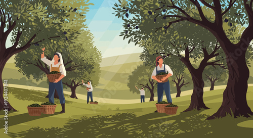 People working together in an orchard under trees during a daytime farming scene.