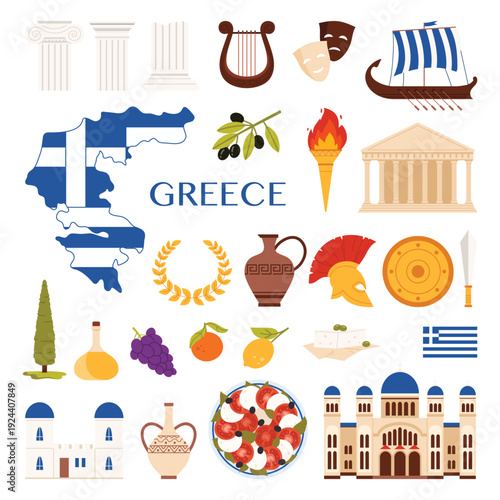 Travel to Greece set. Greek landmarks and national culture elements, country map with flag pattern and famous Mediterranean food, ancient Greeks symbols and temple cartoon vector illustration