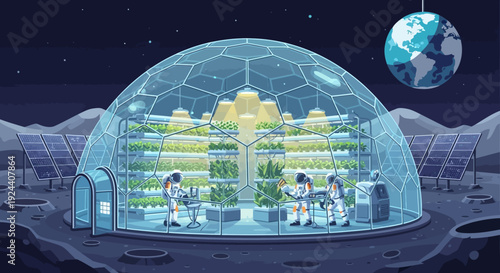 Futuristic lunar research dome with astronauts conducting science on the Moon.
