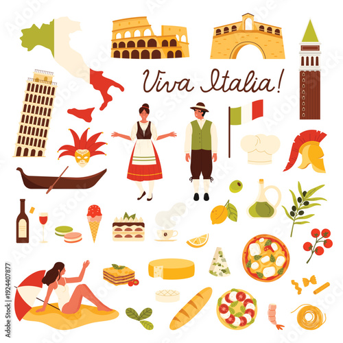 Travel to Italy set of culture elements and famous landmarks. Italian couple in traditional costumes, girl on beach and restaurant food, olive oil and macaroni, pizza cartoon vector illustration
