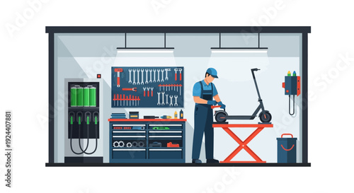 Technician in a well-equipped workshop performing maintenance at a workbench with tools and equipment.