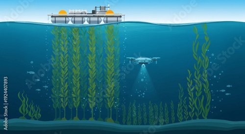 Underwater scene with seaweed forest, diver, and surface platform seen in clear blue ocean.