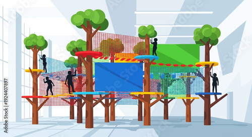 People enjoying an outdoor rope course adventure park with obstacle bridges and platforms.