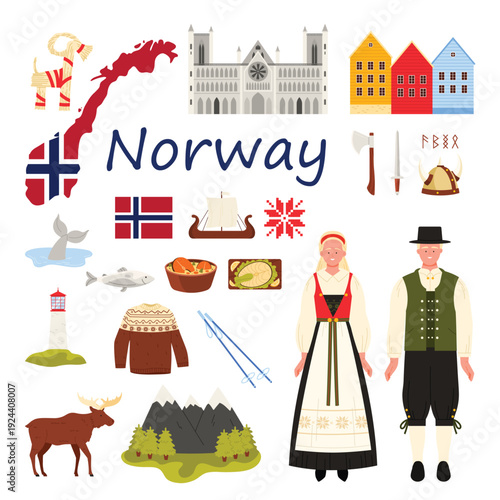 Travel to Norway set with title. Norwegian people in traditional costumes and culture elements, famous landmarks and mountain view, Bergen houses and Nidaros Cathedral cartoon vector illustration