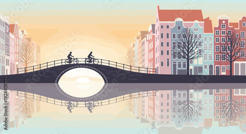 Calm city bridge over a reflective river at sunrise with a peaceful skyline and mirrored water.