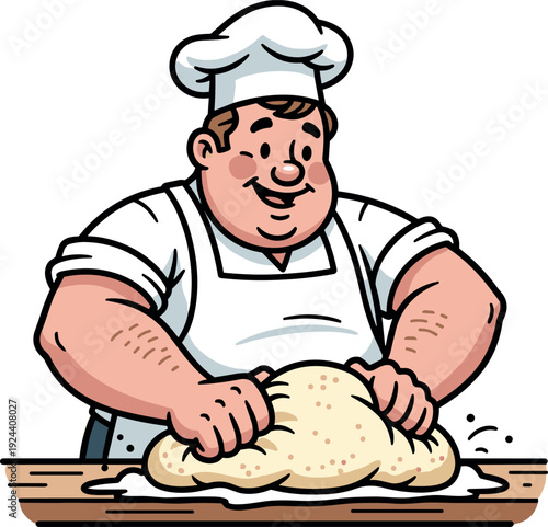 A cartoon chef kneading dough on a wooden surface