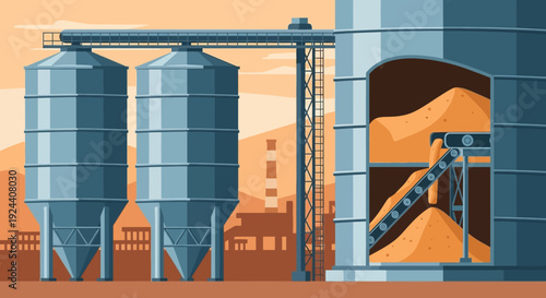 Industrial factory complex with silos and conveyor system at sunset horizon.