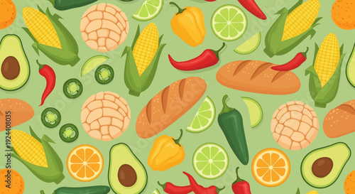 Colorful Assortment of Fresh Fruits and Citrus Slices in a Bright Pattern.