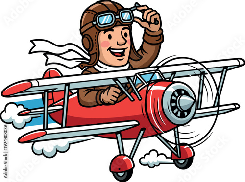 Smiling cartoon monkey flying red vintage airplane