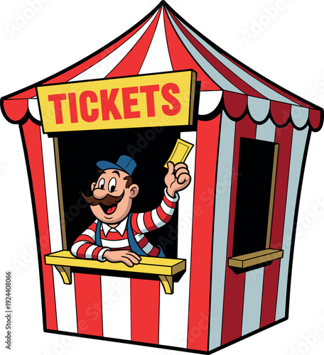 Cartoon ticket booth attendant selling tickets