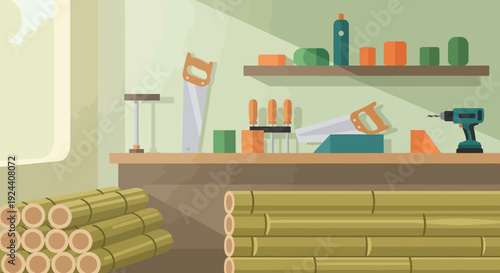 Interior of a woodworking workshop with timber, tools, and organized lumber on shelves.