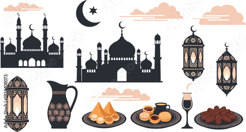 Ramadan kareem festive icons with mosque and traditional food