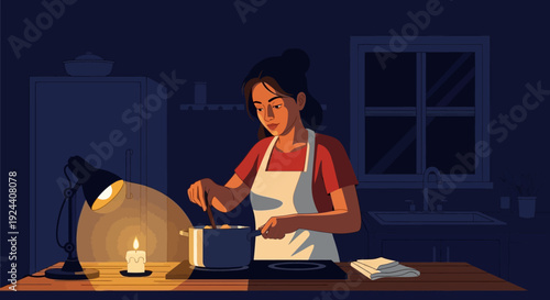 Evening kitchen scene showing a woman cooking beneath warm lighting at a stove.