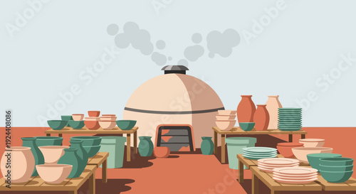 Outdoor desert pottery market with clay pots, vases and earthenware displayed under a sunlit stall-lined lane.