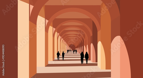 Long colonnaded arcade with warm arches and people strolling along a sunlit walkway.