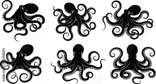 Octopus silhouette collection, black sea creature poses, swirling tentacles design, marine vector illustration, underwater animal graphic set