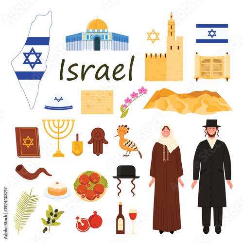 Travel to Israel set. Israeli people in traditional costumes and food for Jewish religious holidays celebrations, Tower of David and book, rabbi hat and wine, Dome of Rock cartoon vector illustration