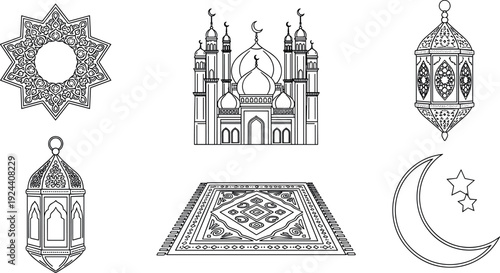 Ramadan kareem islamic symbols and mosque illustrations set