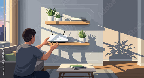 Person Installing Floating Shelves in Bright Living Room with Plants and Modern Decor.