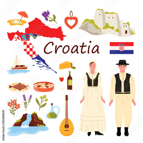 Travel to Croatia set, infographic poster with title, famous culture elements and landmarks. Croatian people in traditional dress, objects illustrated tourism and vacation cartoon vector illustration