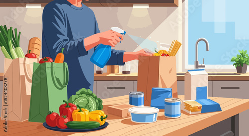 Busy home kitchen scene with groceries, boxes, and light meal preparation underway.