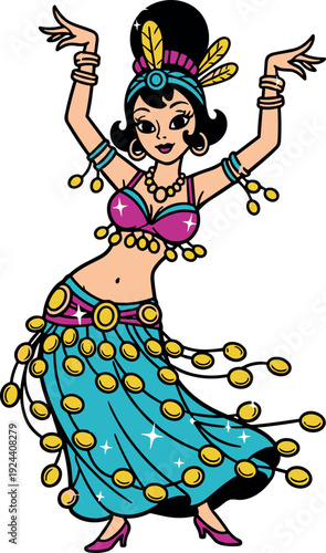 Cartoon belly dancer in colorful costume