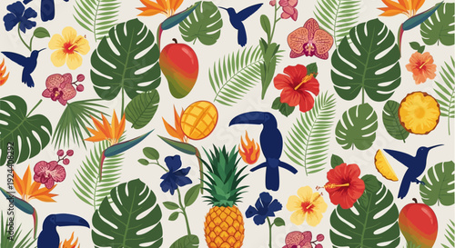 Vibrant tropical pattern featuring monstera leaves, pineapples, flowers and colorful birds in a lively botanical motif.