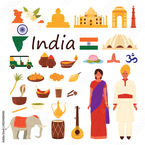 Travel to India infographic set with title. Indian couple in traditional costumes, buildings and temple, famous place for tourist and musical instrument, food and spices cartoon vector illustration
