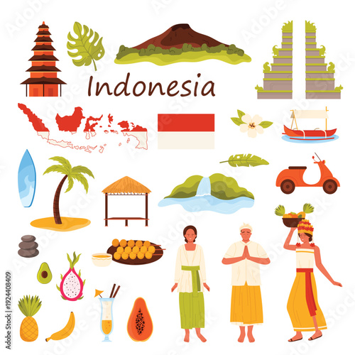 Travel to Indonesia set. Culture elements and islands symbols, Indonesian people in traditional ethnic costumes with basket of fruit, Gunung Batur and Candi bentar cartoon vector illustration