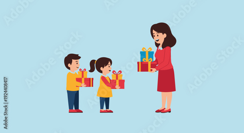 Mother Giving Gifts Children.