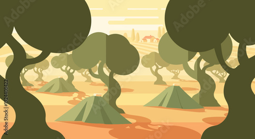 Stylized desert landscape with sparse trees, distant hills, and warm sunset colors.