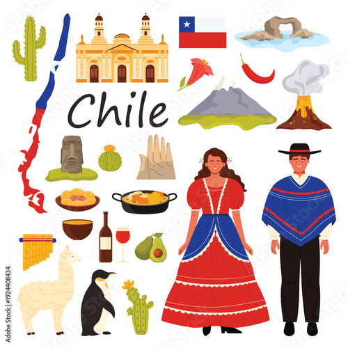 Travel to Chile set. Chilean man and woman in traditional clothes, hat with ethnic pattern made of alpaca wool, empanadas and avocado, nature and architecture landmark cartoon vector illustration