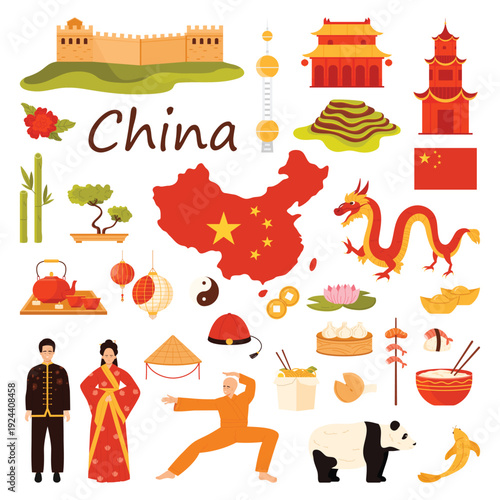 Travel to China set with Chinese culture elements, architecture and food. Great Wall of China and ancient Temples, man and woman in in national dresses, dragon and lantern cartoon vector illustration