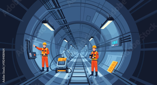 Operatives in a futuristic space station corridor performing maintenance tasks aboard a high-tech spacecraft.