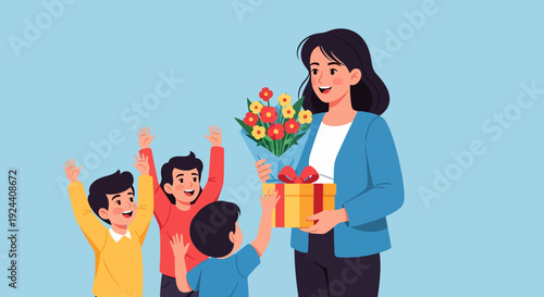 Mother Receiving Gift Children.