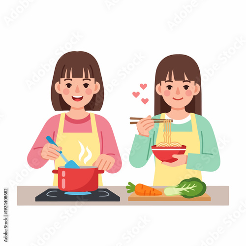 Two young women cooking and enjoying a meal together, one stirring a pot while the other eats noodles.