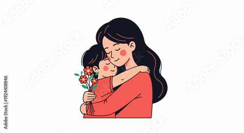 Woman Holding Baby and Flowers.
