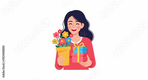 Woman Holding Gifts Flowers.