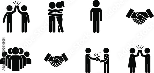 Social interaction icons, people silhouette gestures, handshake symbol, high-five graphic, hugging figures, unity design, black vector art, communication clipart, group connection,