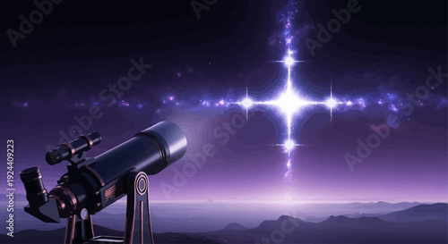 Telescope pointing at a brilliant cosmic phenomenon in a starry night sky.