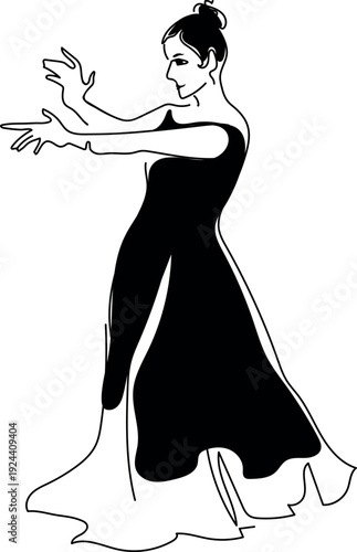 Black and white sketch of flamenco dancer isolated on a white background.