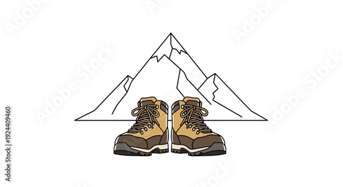 Illustration of hiking boots and a mountain landscape.