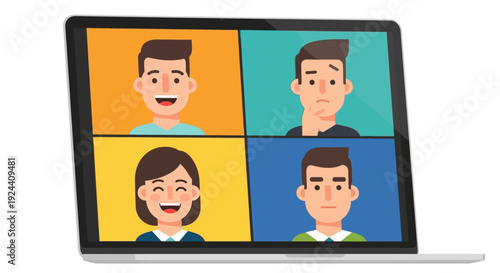 Diverse group of people in a video conference call on a laptop screen.