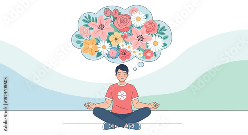 Man meditating with floral thoughts in a cloud.