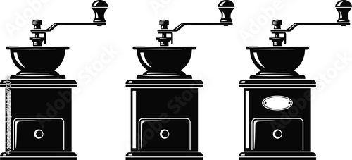 Vintage coffee grinder silhouettes set, manual hand crank grinders illustration, retro kitchen equipment vector isolated white background designVintage coffee grinder silhouettes set, 