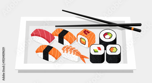 A selection of delicious sushi and rolls on a white plate with chopsticks.