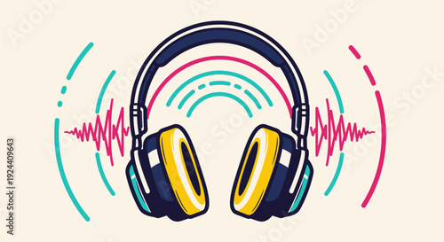 Headphones with colorful sound waves and concentric circles