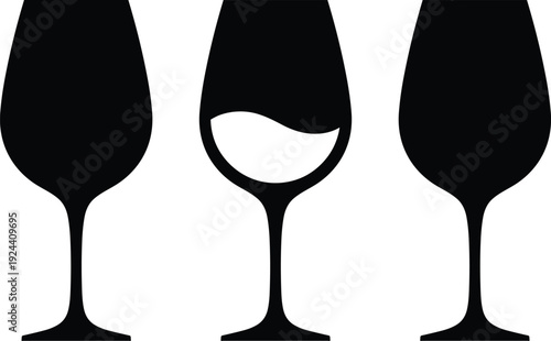 Wine glass silhouettes set illustration, empty and filled goblets shapes, minimal alcohol drinkware vector isolated white backgroundWine glass 