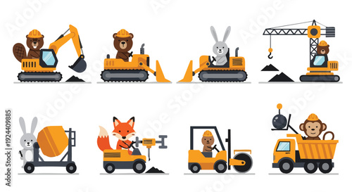 Adorable Cartoon Animal Builders Operating Construction Vehicles - Kids' Educational Vector Set